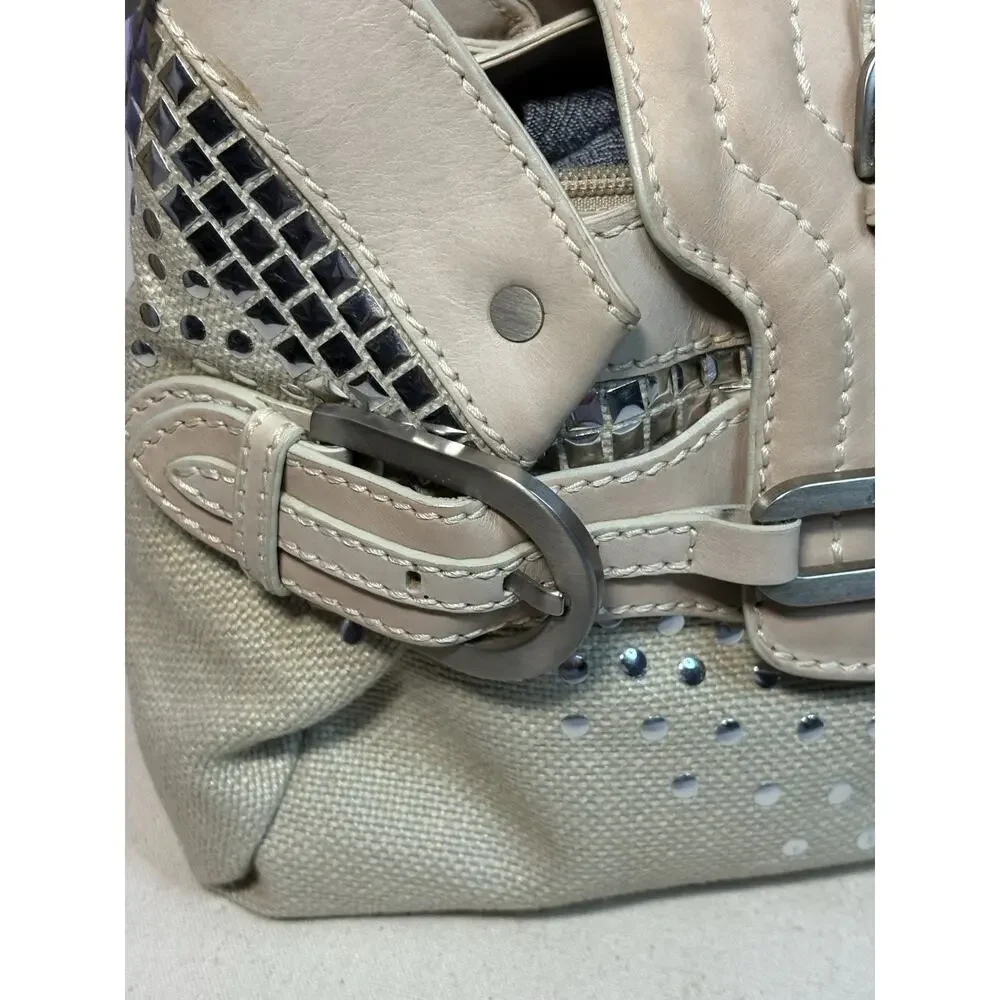 Jimmy Choo Buckle Studded Tulita Hobo Shoulder Bag Tan Canvas - Picture 5 of 16